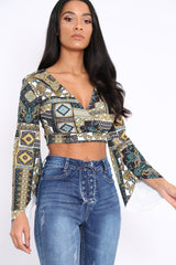 Black and Gold Paisley Print Crop Top with Flare Sleeves - Wanda