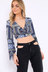 Navy and Gold Paisley Print Crop Top with Flare Sleeves - Wanda