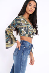 Black and Gold Paisley Print Crop Top with Flare Sleeves - Wanda