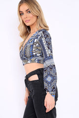 Navy and Gold Paisley Print Crop Top with Flare Sleeves - Wanda