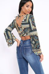 Black and Gold Paisley Print Crop Top with Flare Sleeves - Wanda