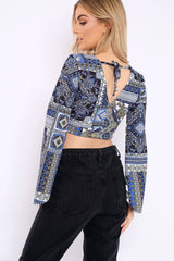 Navy and Gold Paisley Print Crop Top with Flare Sleeves - Wanda