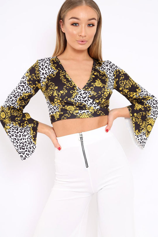 Leopard Print Crop Top with Flare Sleeves - Wanda