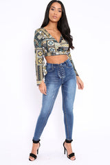 Black and Gold Paisley Print Crop Top with Flare Sleeves - Wanda
