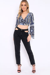 Navy and Gold Paisley Print Crop Top with Flare Sleeves - Wanda