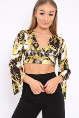 Black and Gold Chain Print Crop Top with Flare Sleeves - Wanda