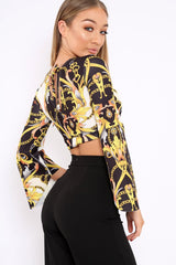 Black and Gold Chain Print Crop Top with Flare Sleeves - Wanda