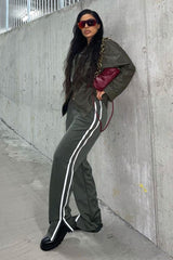 Khaki Side Stripe Split Hem Wide Leg Joggers - Karris