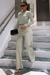 Sage Ribbed Button Front Top + Trouser Co-ord - Emani