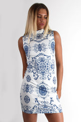 Melinda White & Blue Paisley Print Dress