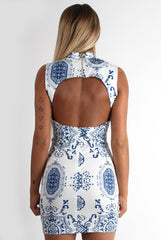 Melinda White & Blue Paisley Print Dress