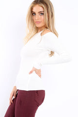 White Ribbed Cold Shoulder Jumper - Briella