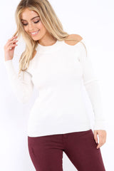 White Ribbed Cold Shoulder Jumper - Briella