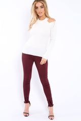 White Ribbed Cold Shoulder Jumper - Briella