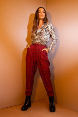 Wine Tartan High Waist Tapered Cigarette Trousers - Maddy
