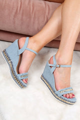 Light Blue Denim Studded Wedges - Destina