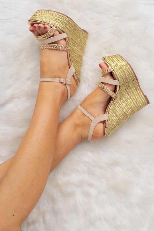 Rose Gold Metallic Three Multi Strap Wedges - Makya