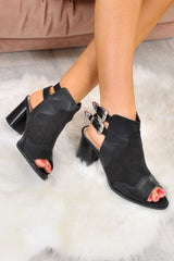 Black Crinkle PU and Faux Suede Western Block Heels - Triny