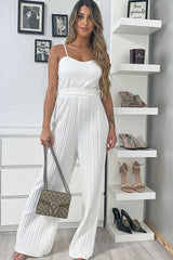 White Strapless Belted Pleated Wide Leg Jumpsuit - Jasmine