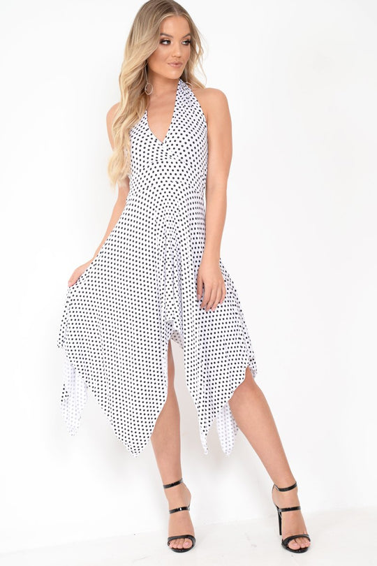 White Polka Dot Halterneck Tiered Hem Dress - Cailie