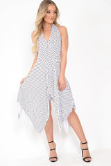 White Polka Dot Halterneck Tiered Hem Dress - Cailie
