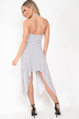 White Polka Dot Halterneck Tiered Hem Dress - Cailie