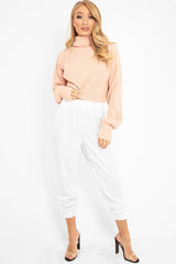 White Shiny Woven Cargo Trousers - Atley