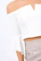 white Frill Sleeve Bardot Crop Top - Kali