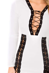 White Lace up Front Panel Mini Dress - Kathy