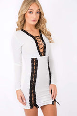 White Lace up Front Panel Mini Dress - Kathy