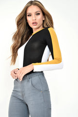 White Black and Mustard Contrast Long Sleeved Bodysuit - Lareen