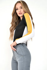 White Black and Mustard Contrast Long Sleeved Bodysuit - Lareen