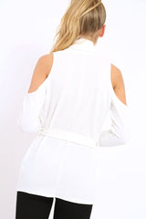 White Cold Shoulder Tie Waist Blazer - Agnes