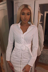 White Button Zip Detail Belted Shirt Dress - Arabelle