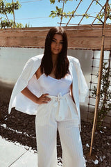 White Pinstripe Ruched Sleeve Blazer - Romelia