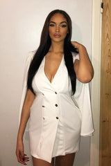 White Button Front Cape Sleeve Blazer Dress - Abraya