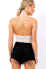 White Mesh Floral Embroidered Halterneck Bodysuit - Bebe