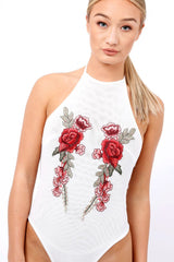 White Mesh Floral Embroidered Halterneck Bodysuit - Bebe