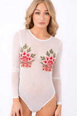 White Mesh Long Sleeved Embroidered Bodysuit - Bonnie