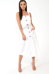 White Button Front Belted Midi Dress - Caela