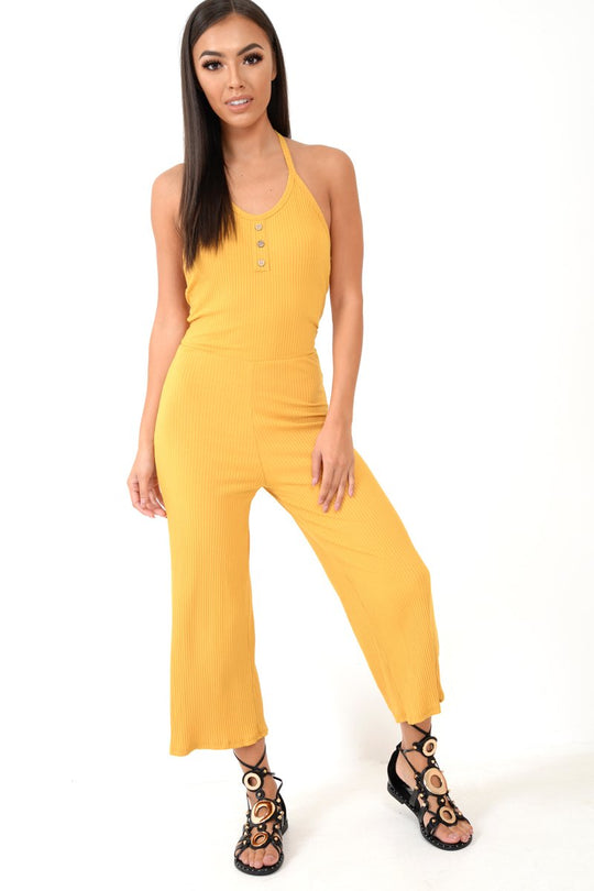 Mustard Rib Halterneck Button Front Jumpsuit - Calirose