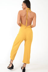 Mustard Rib Halterneck Button Front Jumpsuit - Calirose