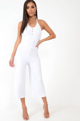 White Rib Halterneck Button Front Jumpsuit - Calirose