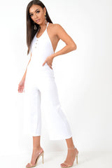 White Rib Halterneck Button Front Jumpsuit - Calirose