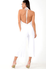 White Rib Halterneck Button Front Jumpsuit - Calirose