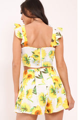 White And Yellow Floral Tie Front Crop Top and Short Co-ord - Edris