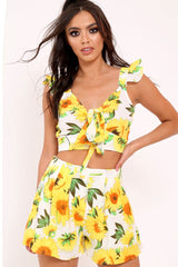 White And Yellow Floral Tie Front Crop Top and Short Co-ord - Edris
