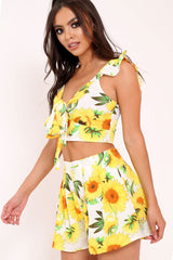 White And Yellow Floral Tie Front Crop Top and Short Co-ord - Edris