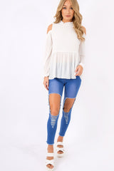 White Cold Shoulder Frill Top - Sophie