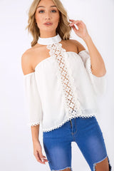 White Crochet Front Halter Neck Top - Lacie